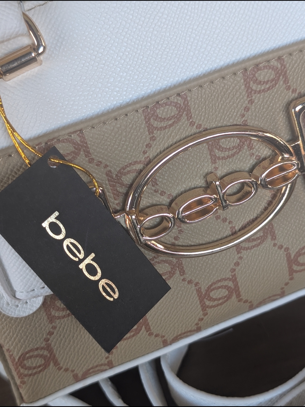 bebe White and Tan Logo-Print Satchel with Gold Accent With Adjustable Crossbody